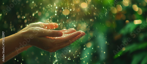 Rainwater filling the palms of a person with open hands