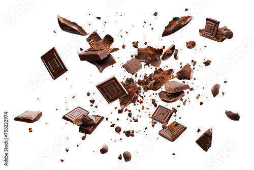 Various types of delicious chocolate falling with choc flake isolated on transparent background Remove png, Clipping Path, pen tool