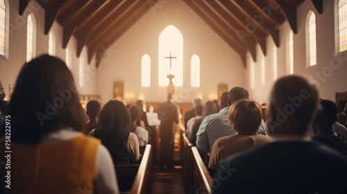 A group of people sitting in a church, suitable for religious themes photo