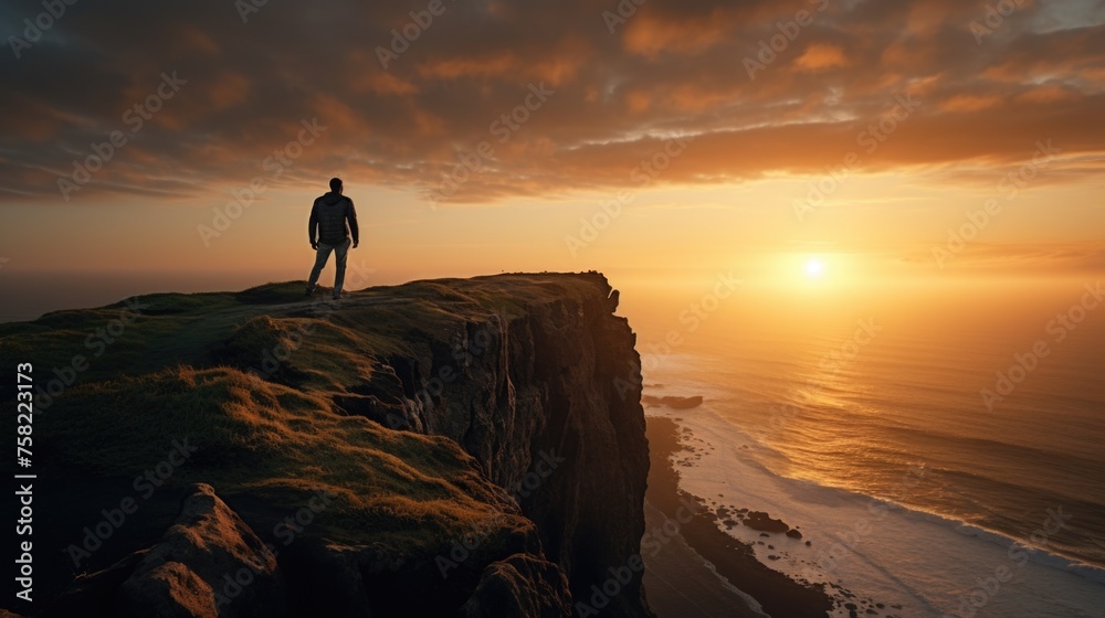 A man standing on top of a cliff overlooking the vast ocean. Suitable for travel and adventure concepts