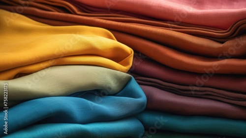Close up shot of a pile of various colored fabrics. Perfect for textile industry or fashion design projects