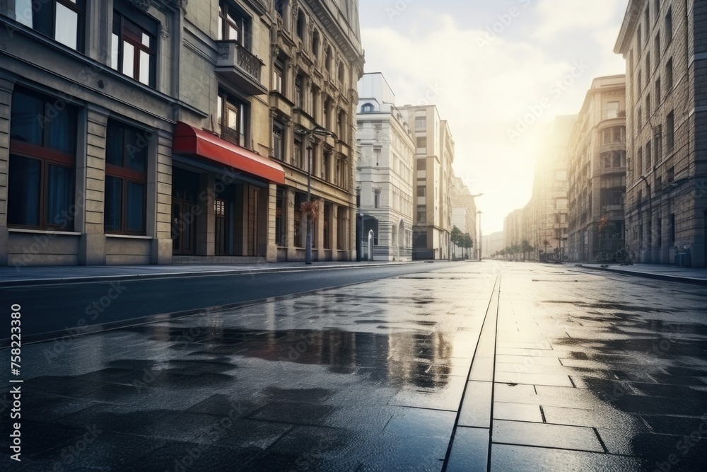 Rainy city street with buildings, suitable for urban themes