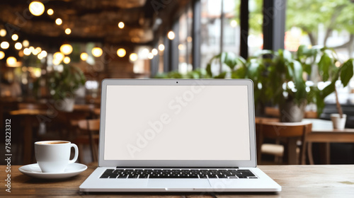 Open laptop on a wooden table in a well-lit cafe with a cup of coffee beside it, depicting a modern work or leisure environment. © MP Studio