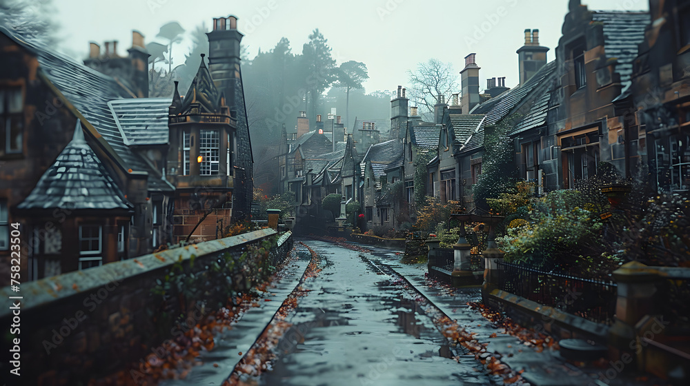 An evocative image capturing the essence of a misty, cobblestone street lined with quaint historic buildings and autumn leaves