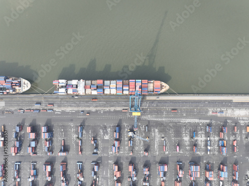 Aerial top down of container shipping, port of Antwerp, Belgium. Dock with ships and containers. Merchandise and products for shipping and logistics. Port terminal.