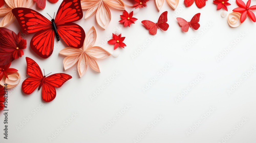 Paper flowers and butterflies on white background, copy space for text. Paper flowers and butterflies on white background, copy space for text.