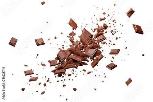 Various types of delicious chocolate falling with choc flake isolated on transparent background Remove png, Clipping Path, pen tool photo