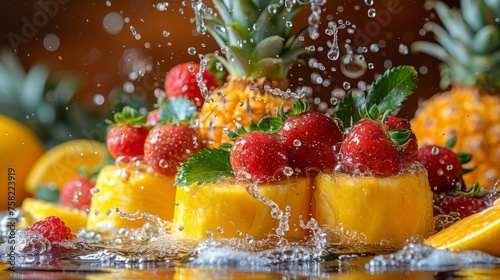  pineapples  strawberries  raspberries  and pineapples are splashing in the water.