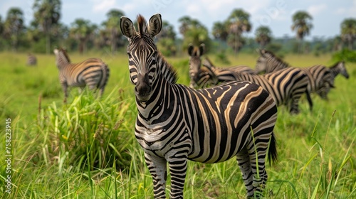  a herd of zebra standing on top of a lush green field next to a field of tall grass and palm trees.