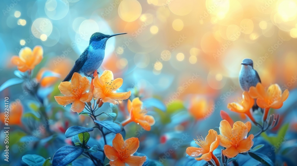  a blue bird sitting on top of a yellow flower next to a blue and orange flower with a blurry background.