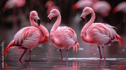 a group of pink flamingos standing in a body of water with their beaks in each of their beaks.