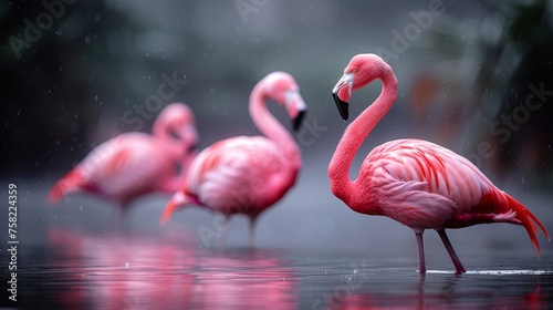  a group of pink flamingos standing on top of a body of water in front of a lush green forest.