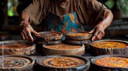  a man standing over a table filled with lots of wooden bowls filled with different colored paint on top of it.