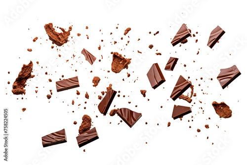 Various types of delicious chocolate falling with choc flake isolated on transparent background Remove png, Clipping Path, pen tool