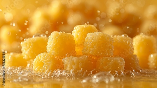  a pile of yellow cubes sitting on top of a table covered in drops of water next to a yellow wall.