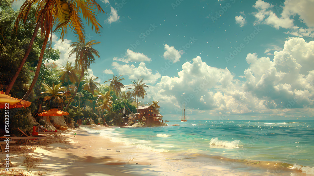 Tranquil tropical beach scene with palm trees, golden sand, and a sailboat on the horizon under a bright sunny sky