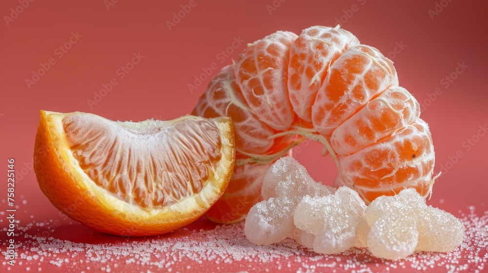 a grapefruit and an orange cut in half on a pink background with sugar sprinkles around it. a grapefruit and an orange cut in half on a pink background with sugar sprinkles around it.