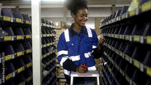 Female worker counting goods in warehouse