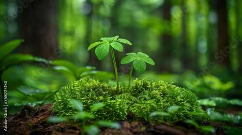  a close up of a plant growing out of a mossy ground in a forest with trees in the background.