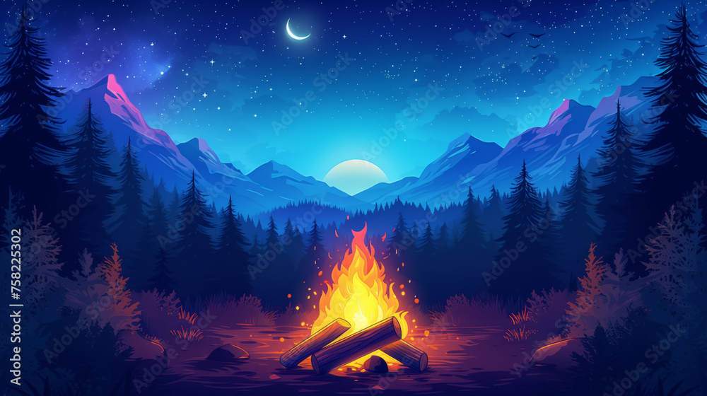 Campfire in the forest near lake in the night. illustration Holiday camp