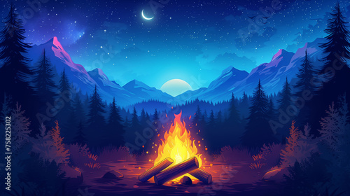 Campfire in the forest near lake in the night. illustration Holiday camp