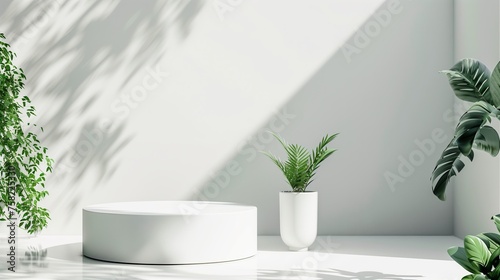A mockup of round white podium with white background and green plants for e-commerce. Generated by artificial intelligence.