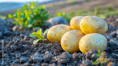  a pile of potatoes sitting on top of a pile of dirt next to a green leafy plant in the middle of a field.