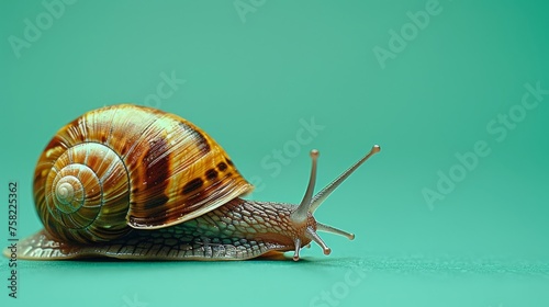  a close up of a snail on a green background with a blurry image of the snail's shell. © Jevjenijs