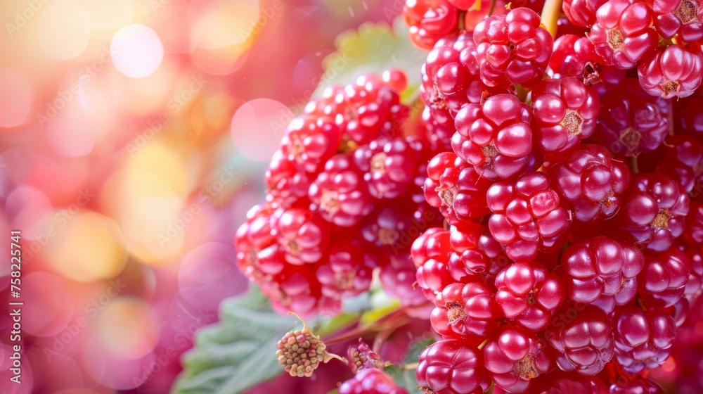 a close up of a bunch of red berries on a branch with green leaves and a blurry background in the background. a close up of a bunch of red berries on a branch with green leaves and a blurry background in the background.