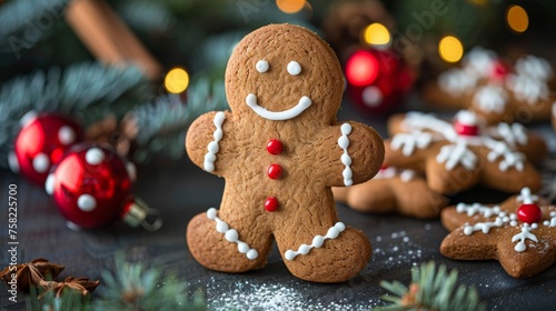  a close up of a group of gingerbreads on a table with christmas decorations and lights in the background.