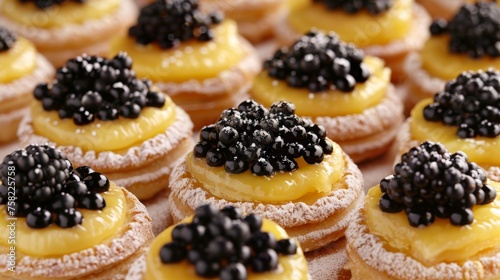  a close up of a tray of pastries covered in black and yellow icing and sprinkles.