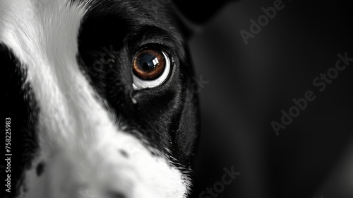  a close up of a black and white dog's face with a brown and white spot on it's eye. © Jevjenijs