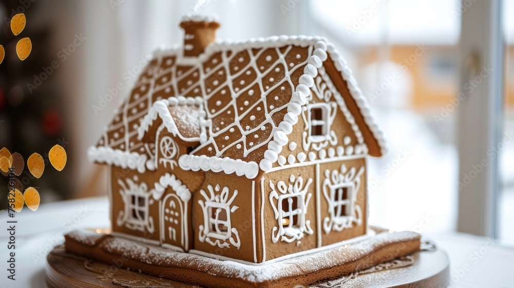  a close up of a gingerbread house on a table with a christmas tree in the backgrouf.
