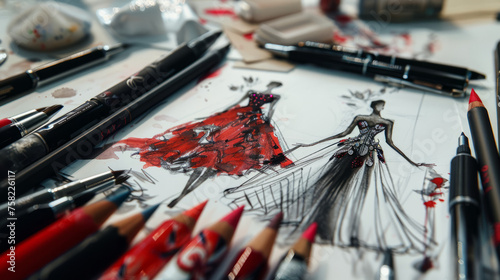 Intricate fashion sketch with nuanced red details, signifying a designer’s creative process and vision in garment creation
