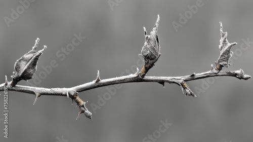  a black and white photo of a twig on a twig branch with a bird perched on the twig.
