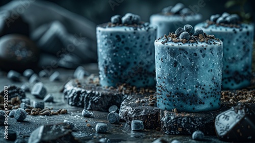  a close up of three cakes with blue frosting and chocolate sprinkles on top of a table.