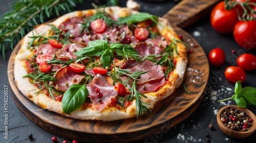  a pizza sitting on top of a wooden plate on top of a wooden cutting board next to tomatoes and herbs.