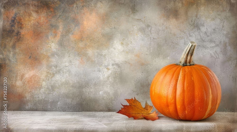 an orange pumpkin sitting on top of a table next to a maple leaf on a gray surface with a grungy wall in the background. an orange pumpkin sitting on top of a table next to a maple leaf on a gray surface with a grungy wall in the background.