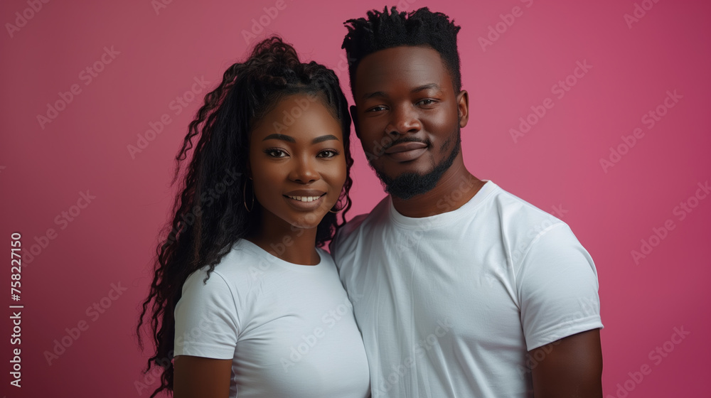 Obraz premium Happy young couple in white t-shirts smiling against a vibrant pink background.