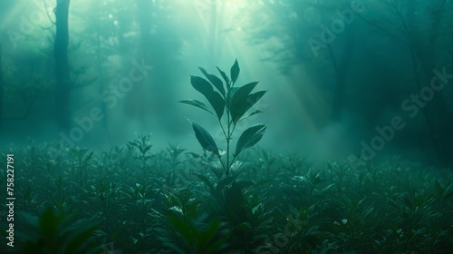  a picture of a plant in the middle of a forest with the sun shining through the trees on a foggy day.
