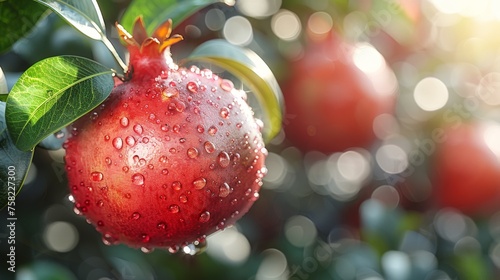  a close up of a pomegranate on a tree with drops of water on the fruit and leaves.