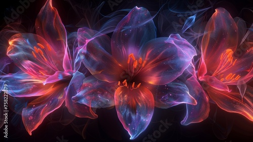  a close up of a flower on a black background with red and blue flowers in the middle of the image.