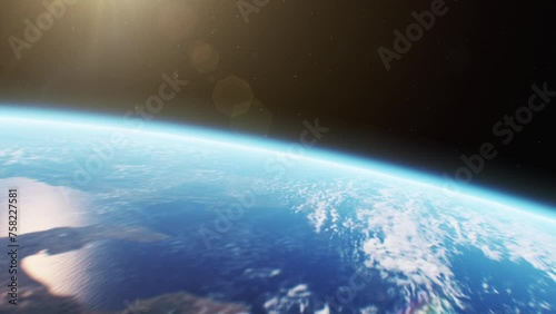Beautiful Flight from the Earth and Sun in Space. Blue Planet with Clouds and Night Cities Lights Glowing at Sunset Zooming Out 3d Animation. Flying Away from Earth to Universe and Stars Intro 4k.
 photo