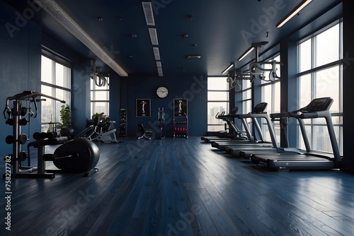 modern and minimalistic gym with a wide variety of exercise equipment, dark blue and parquet, empty fitness room, sports equipment, panorama banner design photo