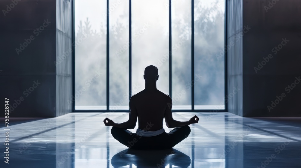 Man sitting in lotus position by window Man sitting in lotus position by window