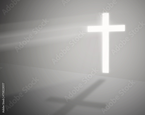 Christian cross on the wall ray in the dark room religious symbols illustration.