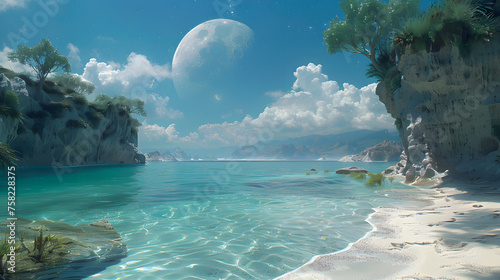 Dreamlike artwork depicting an idyllic beach with white sands and a gigantic moon looming in the sky