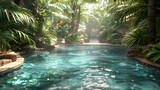 A mystical hidden pool deep within a lush green forest, exuding mystery and an otherworldly charm