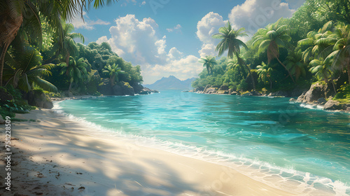 Calm and inviting beach landscape with soft white sands merging with clear blue waters under a sunny sky