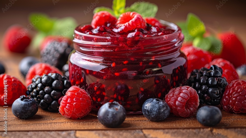 a jar of raspberry jam surrounded by berries and raspberries on a wooden cutting board with mint leaves. a jar of raspberry jam surrounded by berries and raspberries on a wooden cutting board with mint leaves.